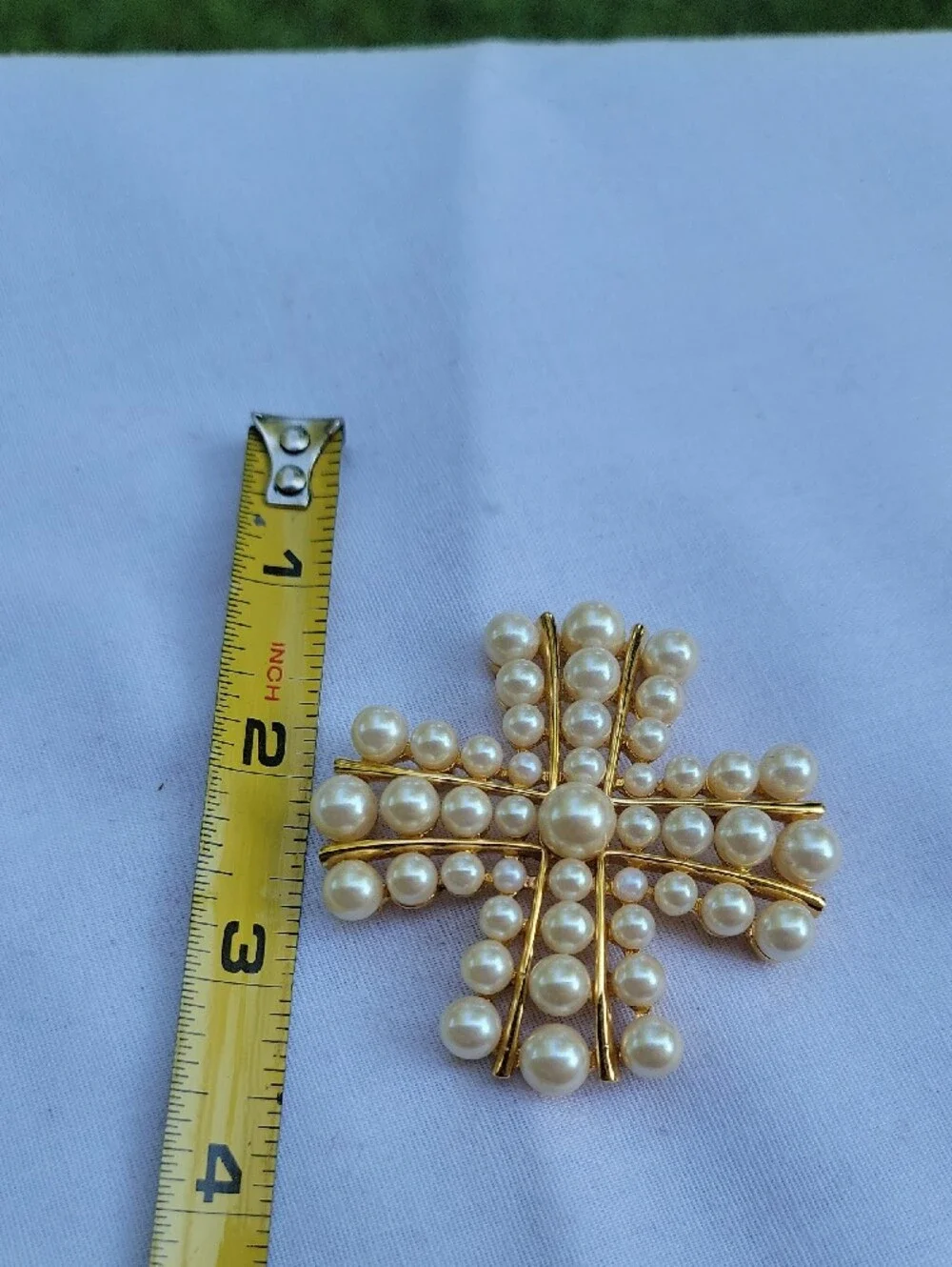 Vintage Joan Rivers Gold Tone Pearl Maltese Cross Brooch Faux Pearls